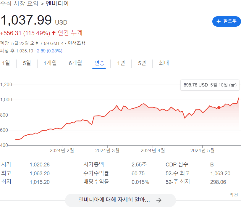 엔비디아 연중 주가 그래프