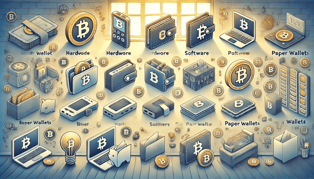 Infographic of different types of crypto wallets displayed in a home setting. The image includes hardware wallets, software wallets, and paper wallets, each depicted with distinctive features and icons. The wallets are arranged side by side, illuminated by natural light.