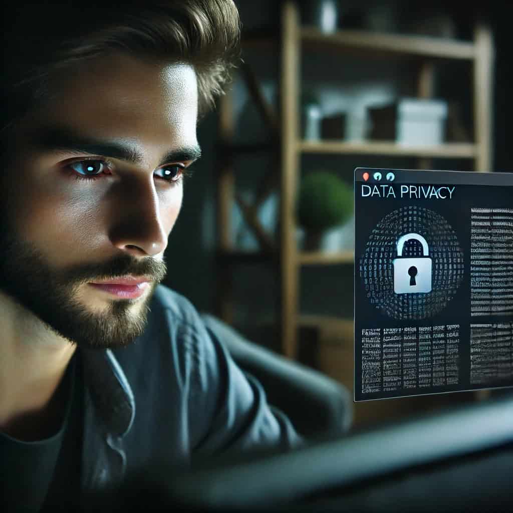 A focused individual intently looks at a computer screen displaying a 'Data Privacy' interface with a padlock icon, symbolizing secure data protection. This image illustrates the importance of understanding and implementing comprehensive data privacy measures.