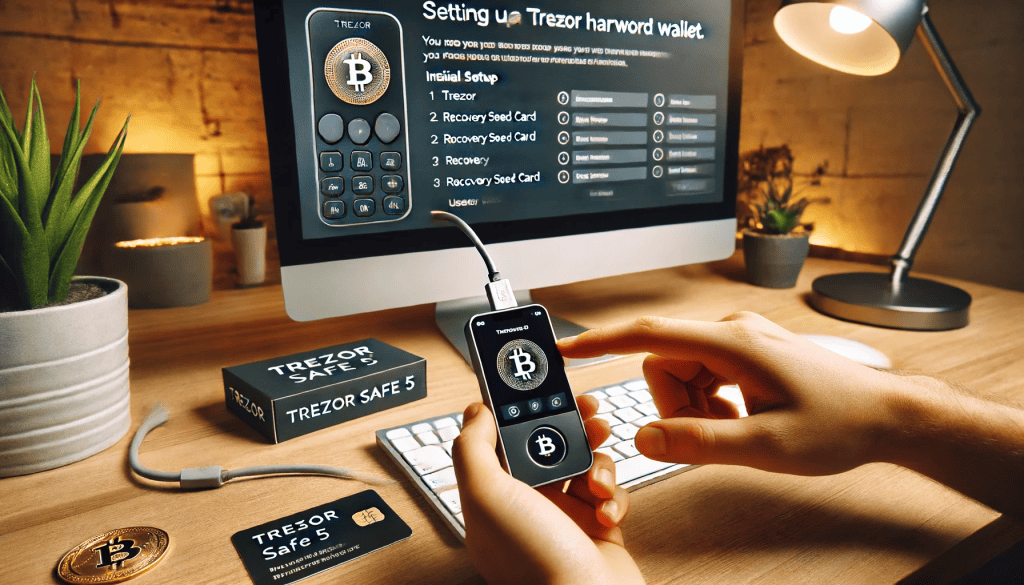  A user setting up the Trezor Safe 5 hardware wallet, interacting with the device's touchscreen to enter a PIN, with the device connected to a computer and setup accessories on the desk.