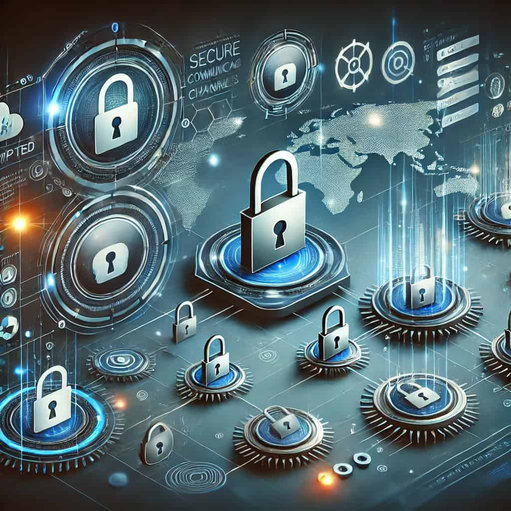 A sleek, modern digital illustration showing the importance of securing communication channels in a virtual environment, featuring elements such as locks, secure connections, and encrypted data streams.