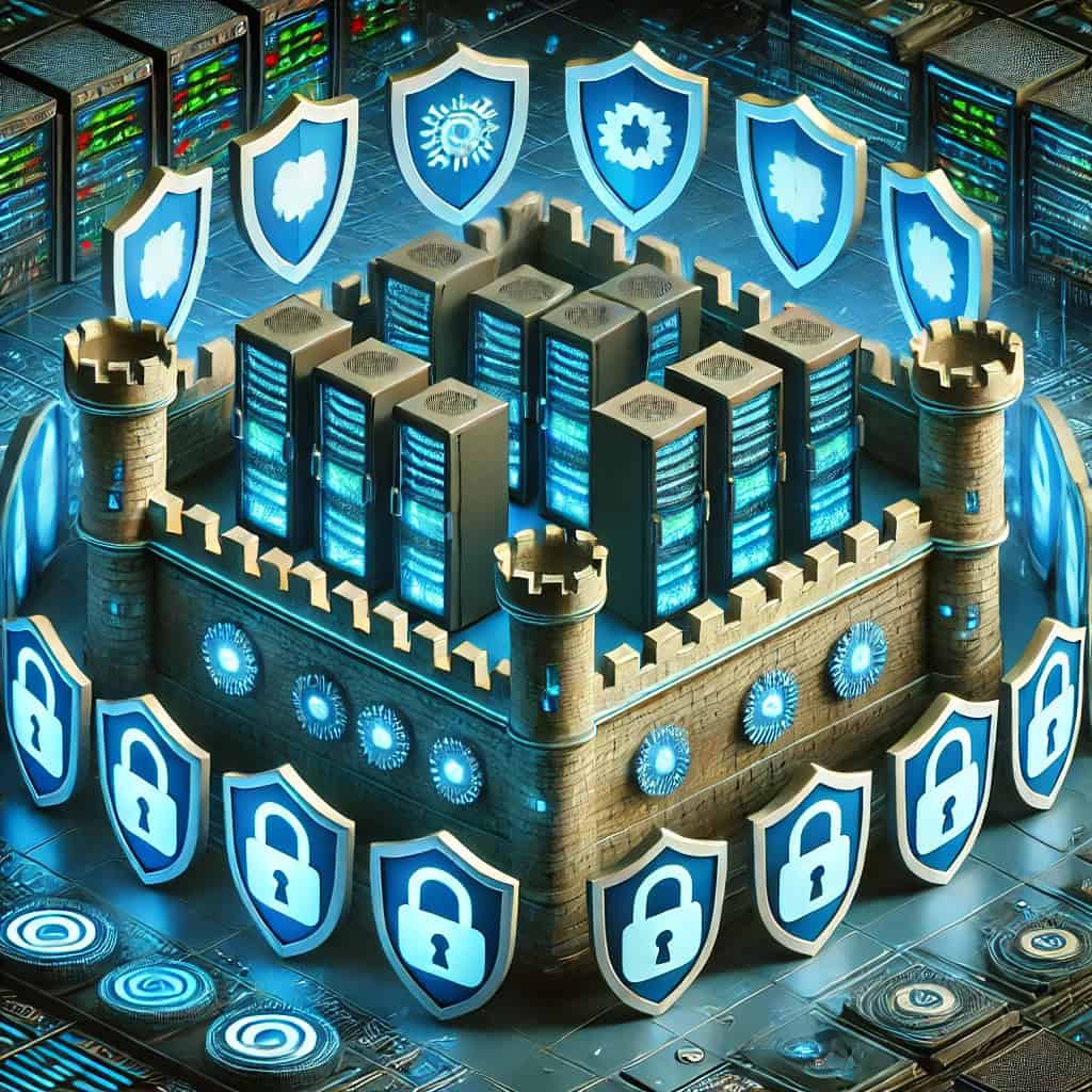 A digital fortress surrounded by layers of shields, firewalls, locks, and security icons such as antivirus symbols and shields. Inside the fortress, servers and data centers glow with blue and green lights, symbolizing protected and secure data and conveying a sense of high-tech, high-security against cyber threats.