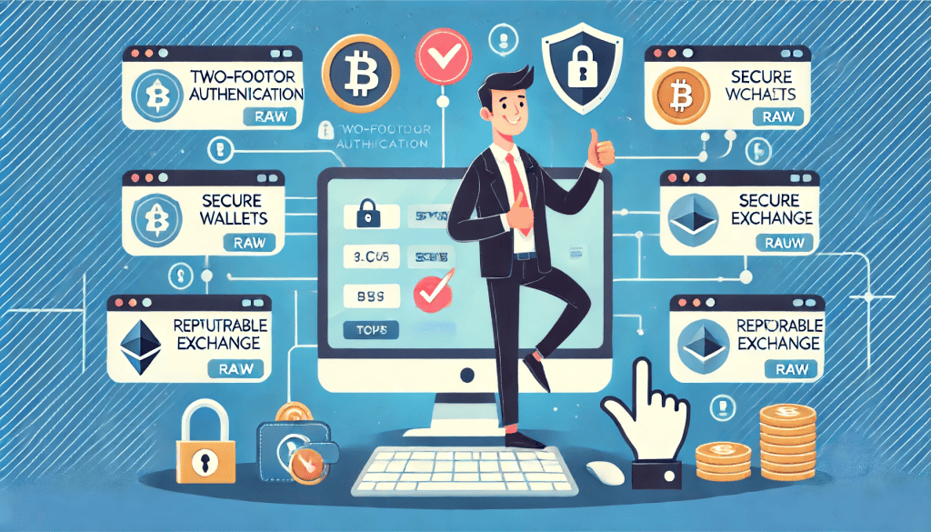 An illustration titled 'Tips for Avoiding Crypto Scams' showing a person confidently using a computer or smartphone with visible security measures like two-factor authentication, secure wallets, and reputable exchange logos. Symbols of safety, such as locks, shields, and thumbs up, are included to create a reassuring and proactive mood.