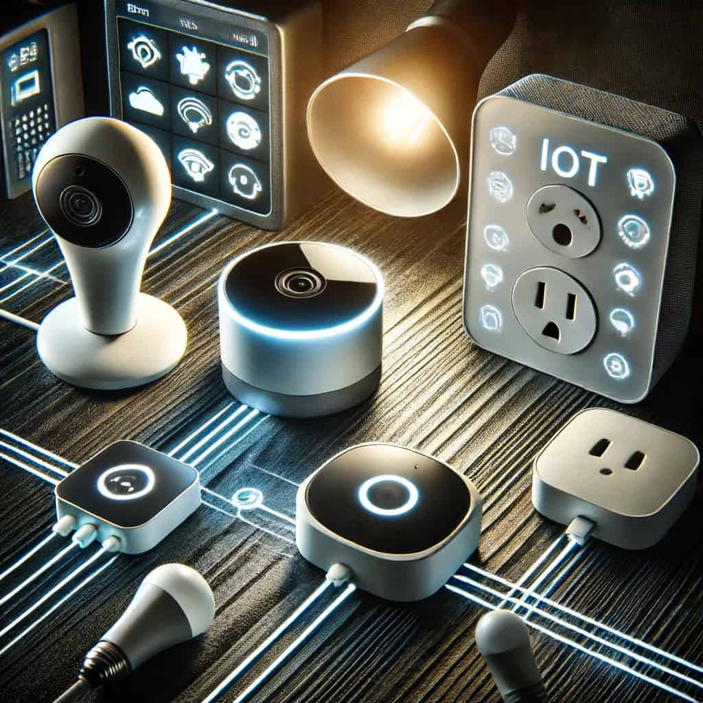 Image showing various IoT devices, including smart cameras, plugs, and lights, connected by illuminated lines. The scene highlights the importance of securing interconnected Internet of Things (IoT) devices to protect a smart home environment.