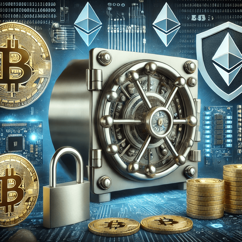 Illustration of a digital vault with strong locks surrounded by Bitcoin and Ethereum symbols, including elements like shields, padlocks, and encrypted codes representing security.