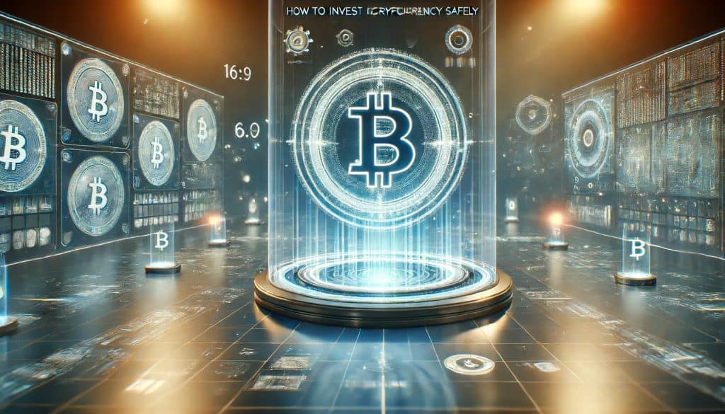 A high-tech, futuristic digital setting that displays a prominent Bitcoin symbol with the text "How to invest in cryptocurrency safely," emphasizing the importance of safe cryptocurrency investment practices.