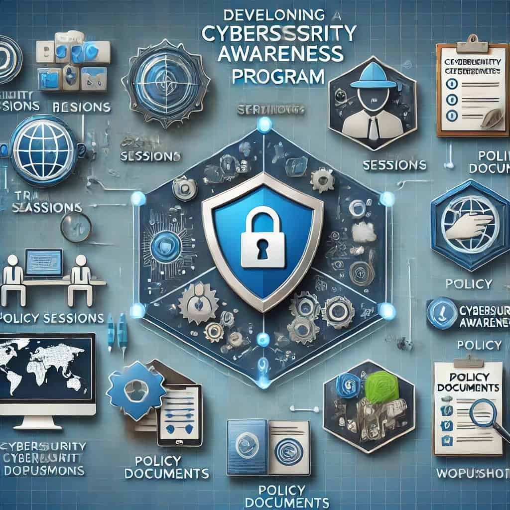 A visual representation of developing a comprehensive cybersecurity awareness program, including elements such as training sessions, policy documents, and interactive workshops.