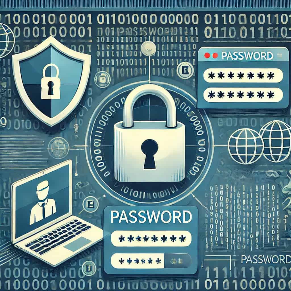 Infographic illustrating the concept of password security with a lock, shield, and computer screen showing a login interface. The background shows a pattern of digital binary code.