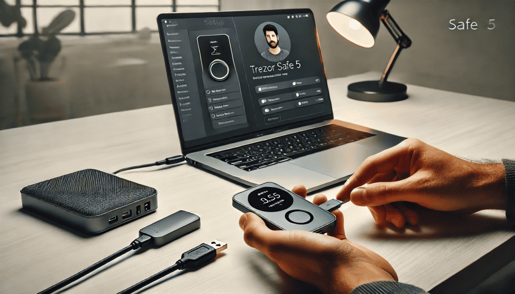 USB-C 케이블을 통해 컴퓨터에 연결된 Trezor Safe 5 하드웨어 지갑은 Trezor Suite 애플리케이션이 열려 있는 컴퓨터 화면에 초기 연결 과정을 보여줍니다.