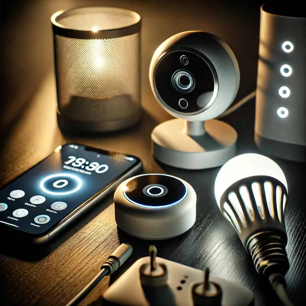 Image showing various modern IoT devices, including a smart camera, light bulb, and a smartphone displaying a control app. The scene emphasizes the importance of staying ahead of cybercriminals by securing smart home technology