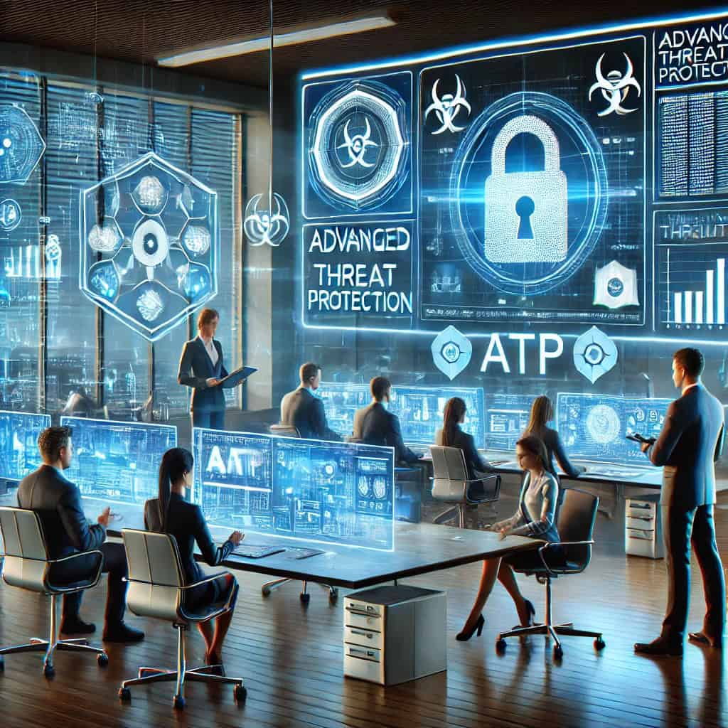 A futuristic corporate office environment where employees work on holographic computers. IT professionals set up an advanced threat protection (ATP) system that displays security dashboards, charts, and graphs. Employees discuss cybersecurity strategies with an augmented reality (AR) interface, and advanced security features such as biometric scanners and secure login screens are displayed, showing the integration of ATP in a high-tech organizational environment with a sci-fi element.