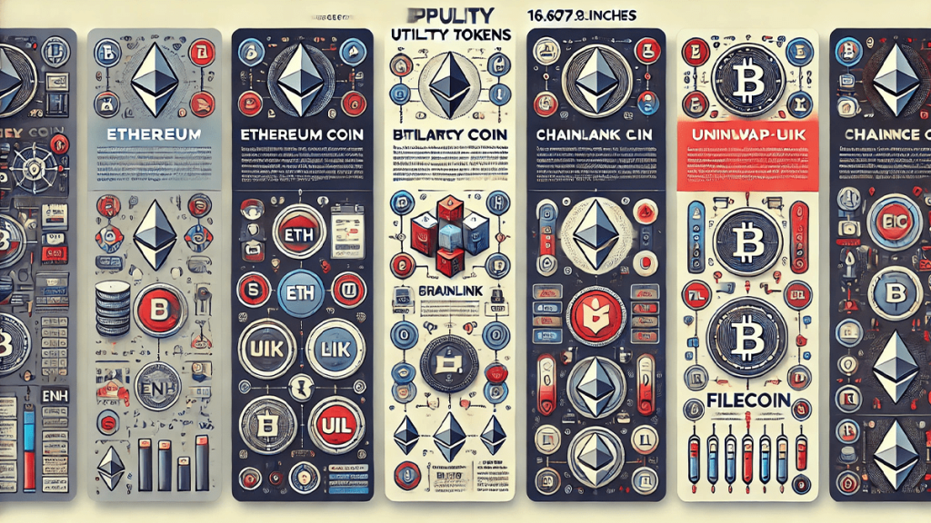  An infographic featuring various utility tokens from different cryptocurrencies. 