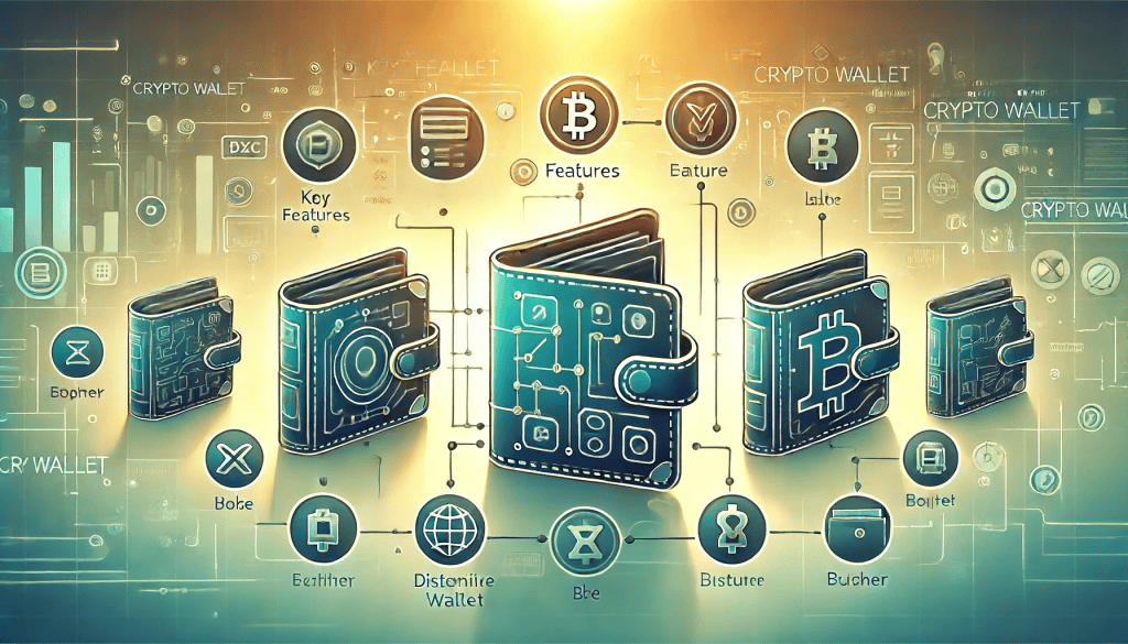 Digital art illustrating key features to consider when choosing a crypto wallet. Each feature is represented with distinctive icons. The wallets are arranged side by side in a well-lit home environment with natural light.