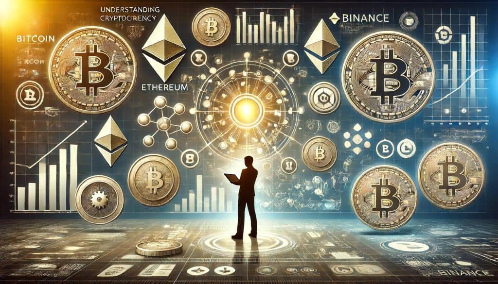 Illustration depicting steps to safely invest in cryptocurrency, including research and education, choosing a trusted exchange, safe storage methods, and diversifying your investments, against a modern digital background with blockchain and cryptocurrency symbols.