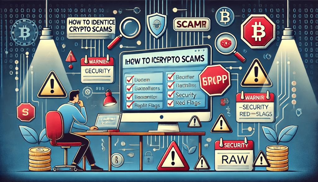 An illustration titled 'How to Identify Crypto Scams' showing a person intensely analyzing a computer screen filled with warning signs and red flags. The scene includes magnifying glasses, checklists, and security shields to represent careful scrutiny and vigilance. The atmosphere is investigative and attentive, highlighting the importance of being cautious and thorough in identifying scams.