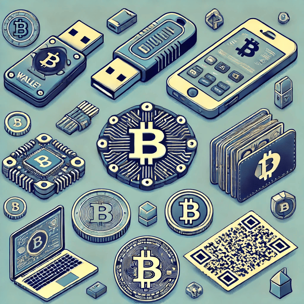 Depiction of different types of crypto wallets: hardware wallets resembling USB devices, software wallets shown as mobile and desktop applications, and paper wallets with printed QR codes, illustrating security and convenience contrasts.