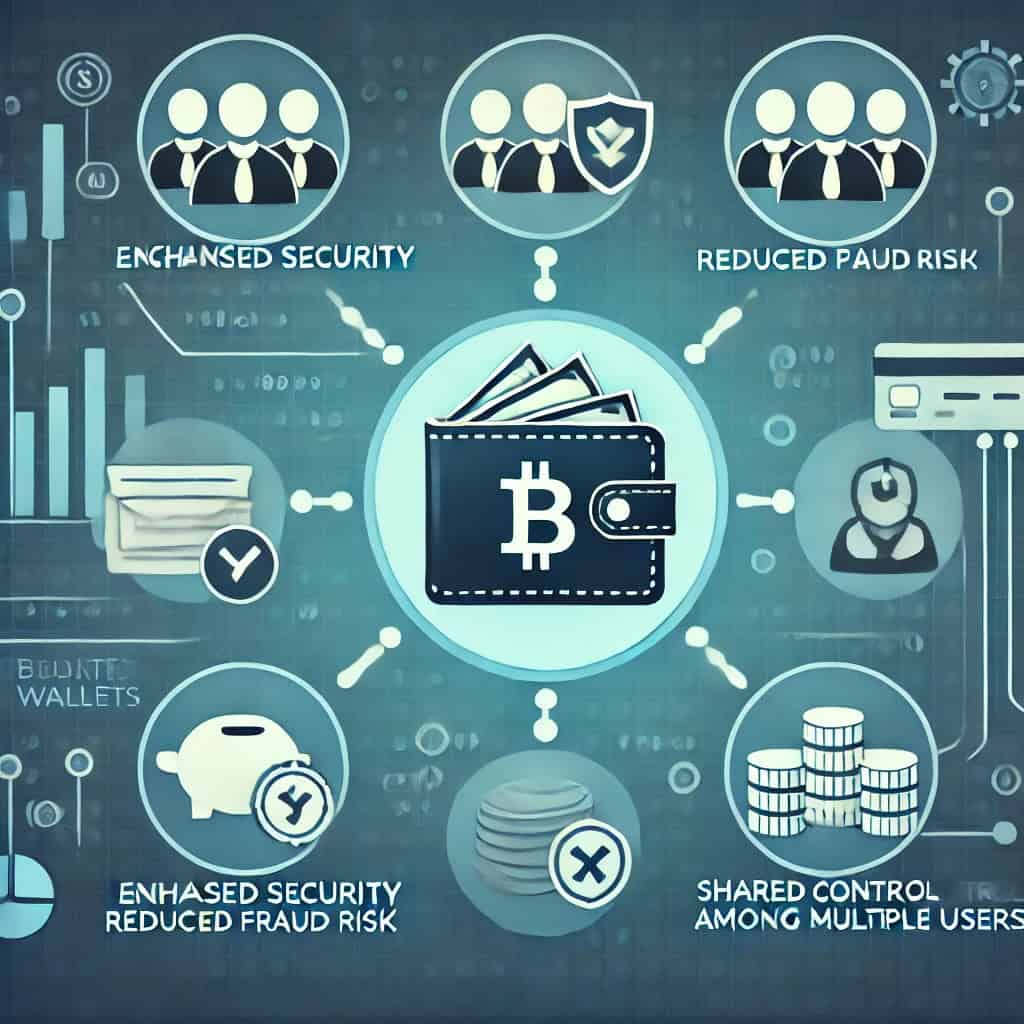 A graphical example of the benefits of using a multi-sig wallet, with icons representing enhanced security, reduced risk of fraud, and control over sharing among multiple users.