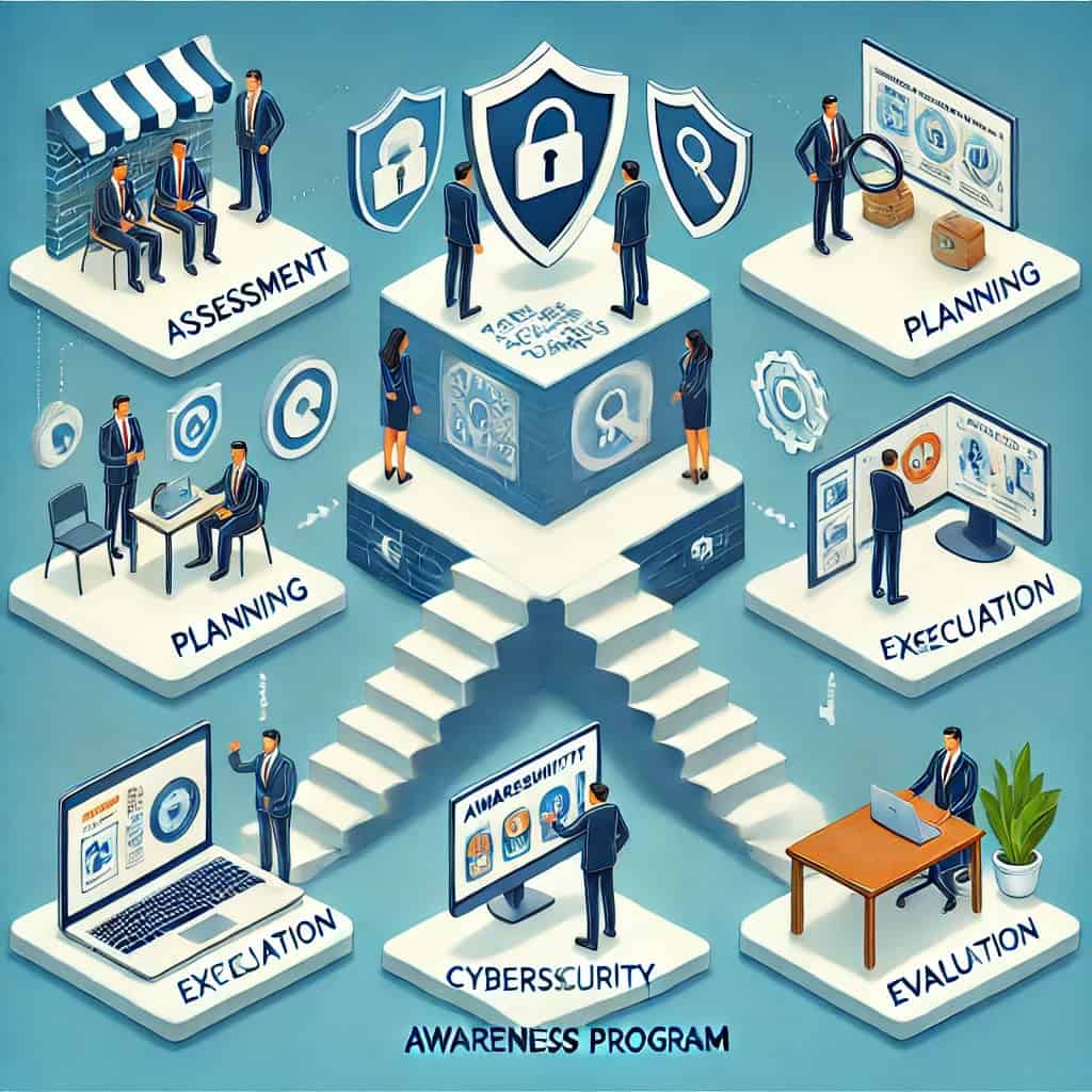 An illustrated, step-by-step guide to building an effective cybersecurity awareness program that includes steps such as assessment, planning, implementation, and evaluation.