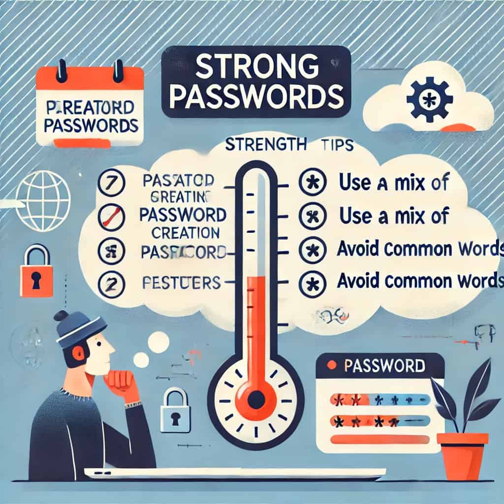 How to create strong passwords with a password strength meter, a checklist of password creation tips, and an infographic displaying how a person thinks about passwords with thought bubbles.