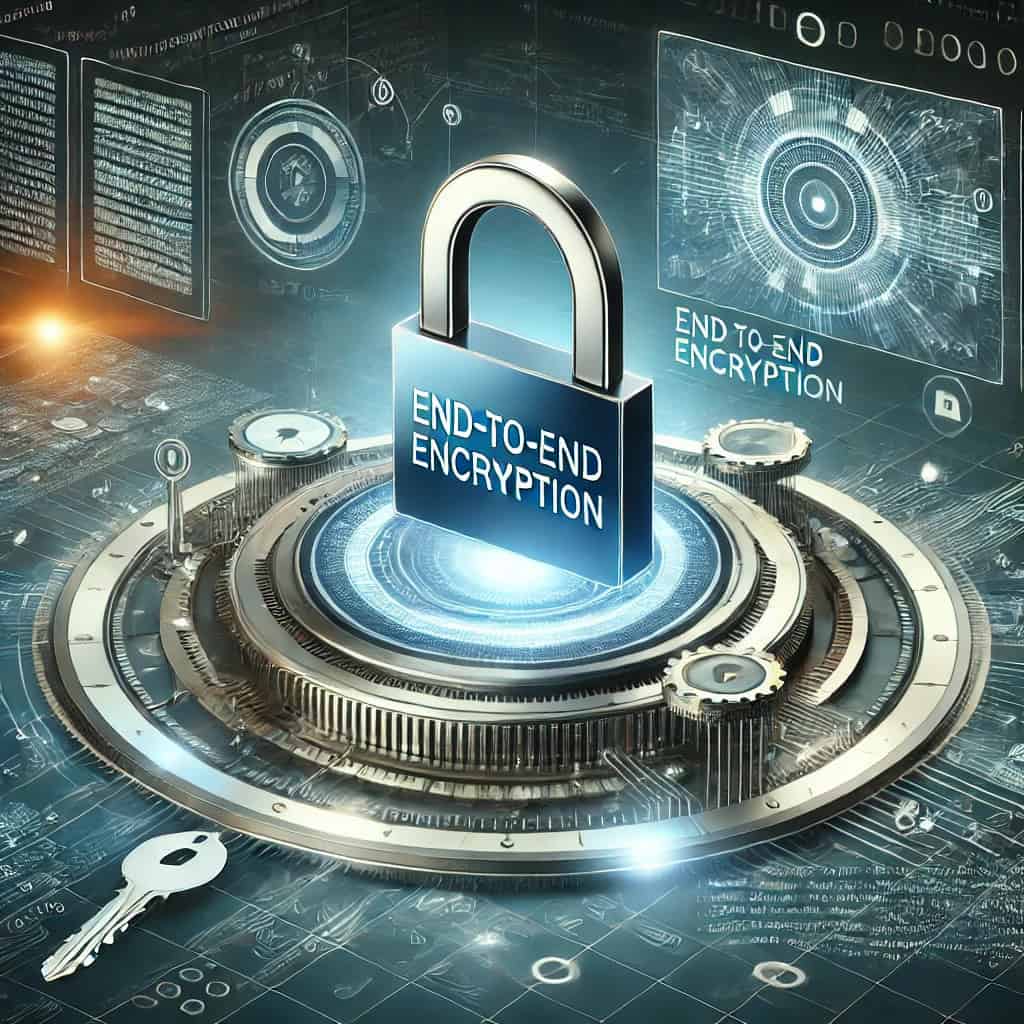 A sleek, modern digital illustration showing the basics of end-to-end encryption with elements such as encrypted messages, security keys, and digital locks in a state-of-the-art virtual environment.