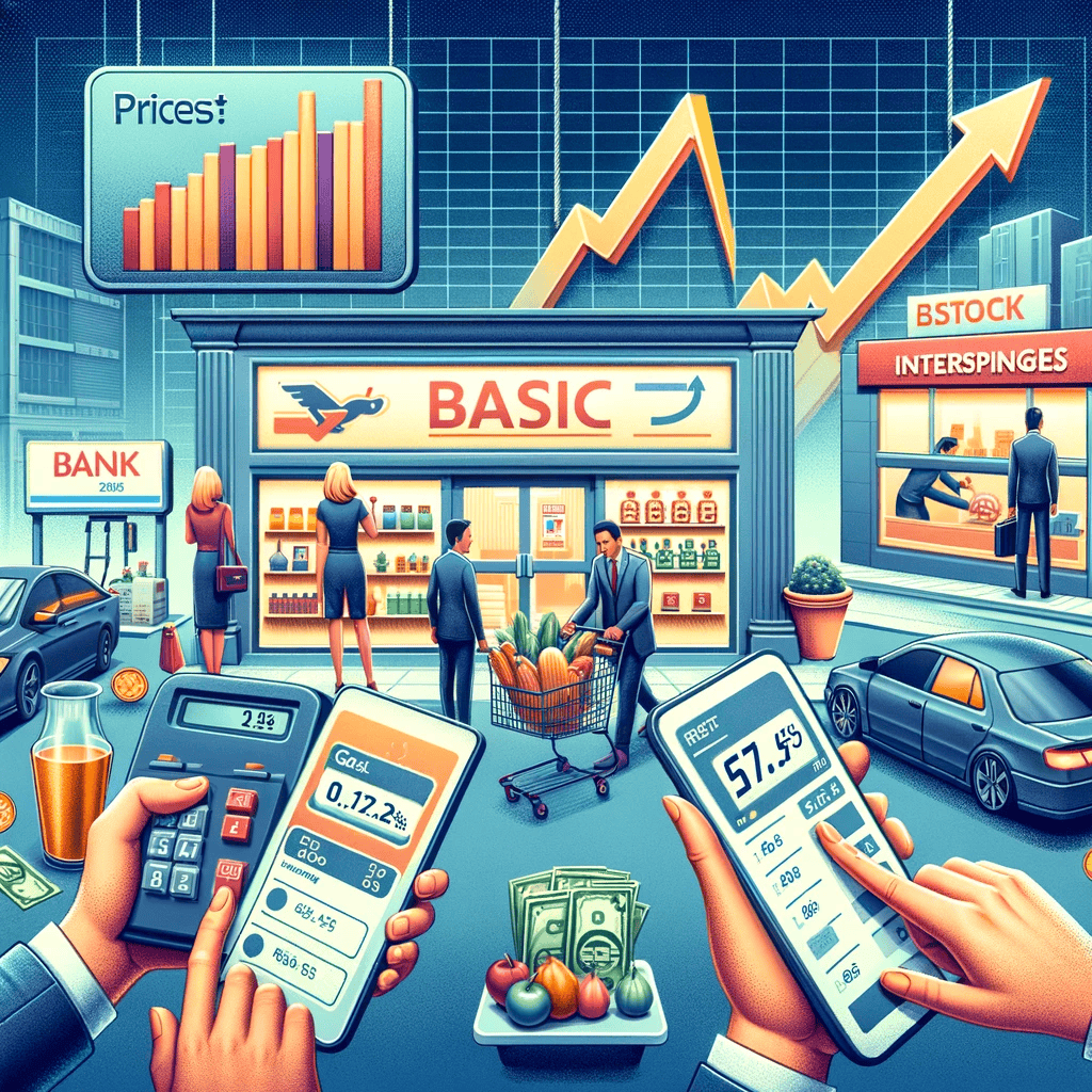 A busy scene outside a basic goods store shows people shopping, using calculators and smartphones to track prices, with a large graph displaying rising prices and economic indicators in the background.