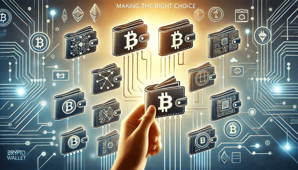 Digital art depicting the process of making the right choice when selecting your ideal crypto wallet. The image showcases various crypto wallets, each with unique features and icons, arranged side by side in a home setting with natural light.