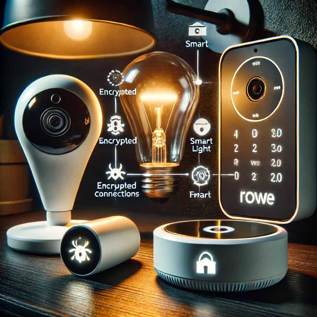 Image depicting various IoT devices such as a smart camera, light bulb, and security keypad with labels indicating 'Encrypted Connections' and 'Smart Light.' The scene illustrates key IoT security measures necessary to protect smart home technology.