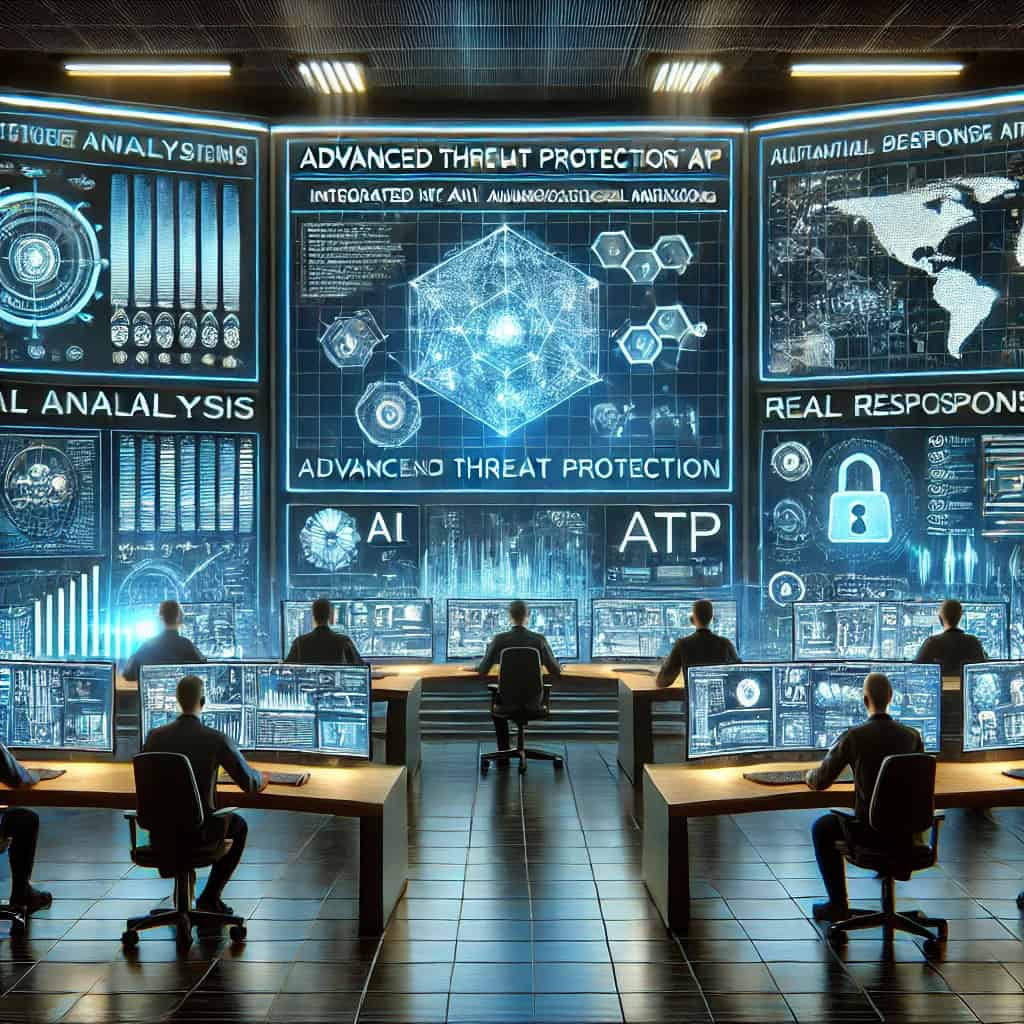 A state-of-the-art security operations center with multiple screens showing an advanced threat protection (ATP) system integrated with AI, behavioral analytics, and automated response mechanisms. The scene includes AI-powered analytics graphs, real-time behavioral tracking, and automated response actions to threats. IT professionals monitor the system, while holographic interfaces and robotic assistants that help mitigate threats represent a state-of-the-art automated and intelligent cybersecurity environment.