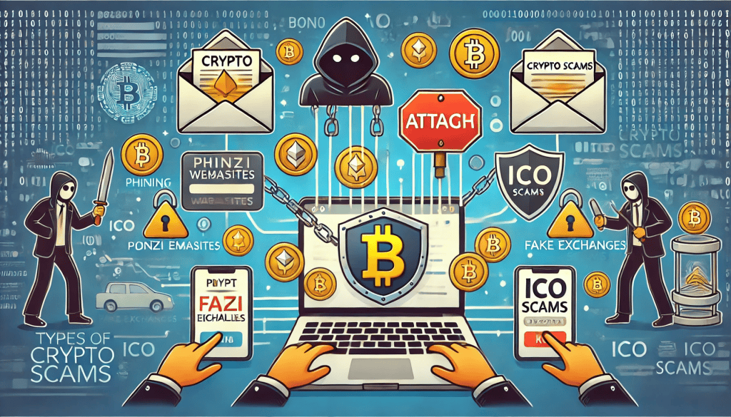 A digital illustration depicting various types of crypto scams. Laptops and smartphones are shown being attacked by phishing emails, fake websites, and suspicious messages. Icons representing Ponzi schemes, fake exchanges, and ICO scams are prominently featured. The overall tone is alert and cautious, highlighting the dangers of these scams.