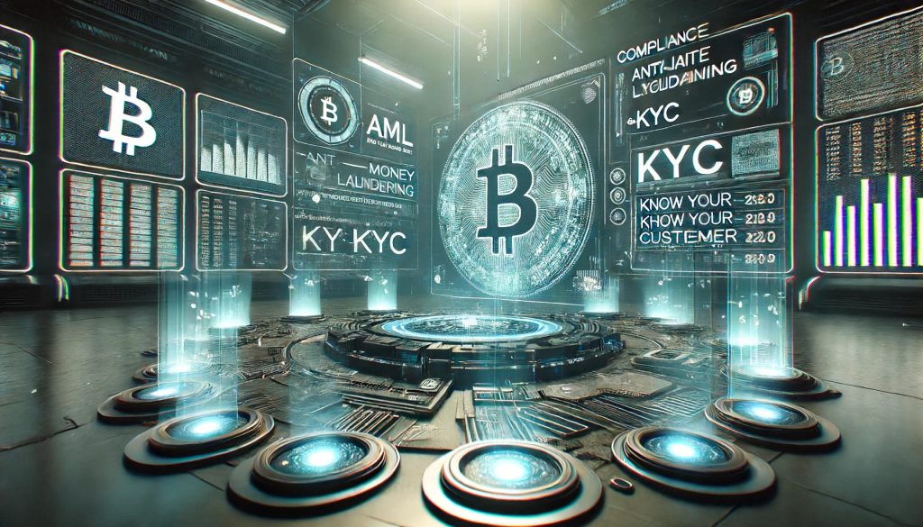 Futuristic digital space showcasing an object titled 'Compliance with cryptocurrency regulations often involves adhering to Anti-Money Laundering (AML) and Know Your Customer (KYC) requirements.' The wide-angle view with atmospheric lighting highlights holographic displays and floating data streams, emphasizing a sleek, modern, and immersive high-tech environment.