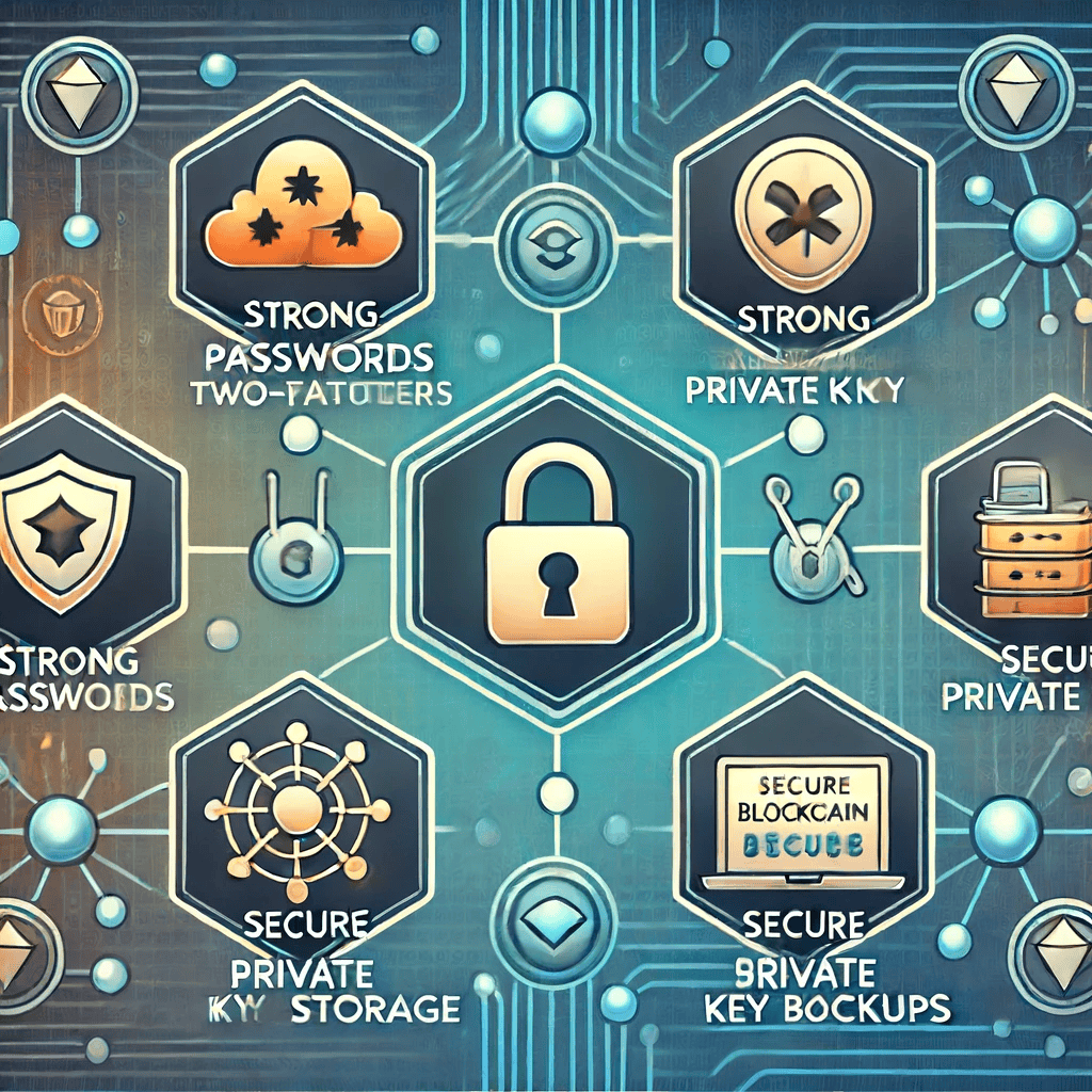 Illustration of a step-by-step guide featuring icons for strong passwords, two-factor authentication, secure private key storage, and regular backups, set against a background of interconnected blockchain nodes.