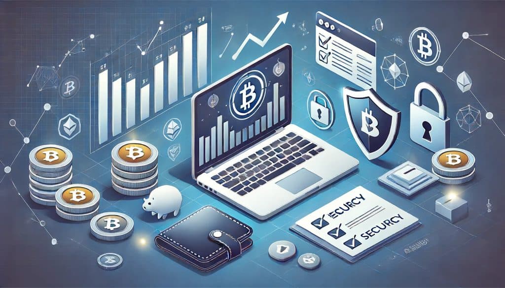 Illustration explaining the steps to safely invest in cryptocurrency, featuring a laptop with cryptocurrency charts, a secure wallet, a checklist for research, and security icons such as shields and paddle locks.