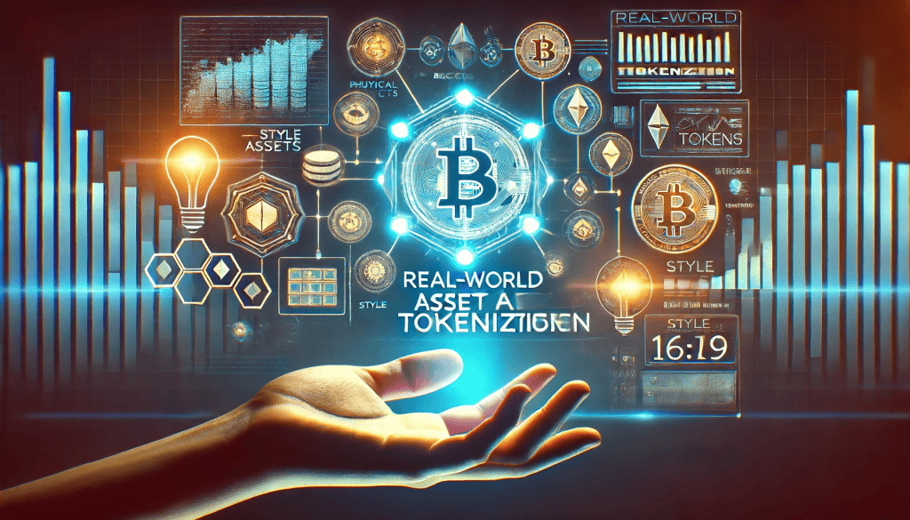 An educational illustration explaining real-world asset tokenization, which features blockchain elements such as blocks and digital tokens interconnected with physical assets.