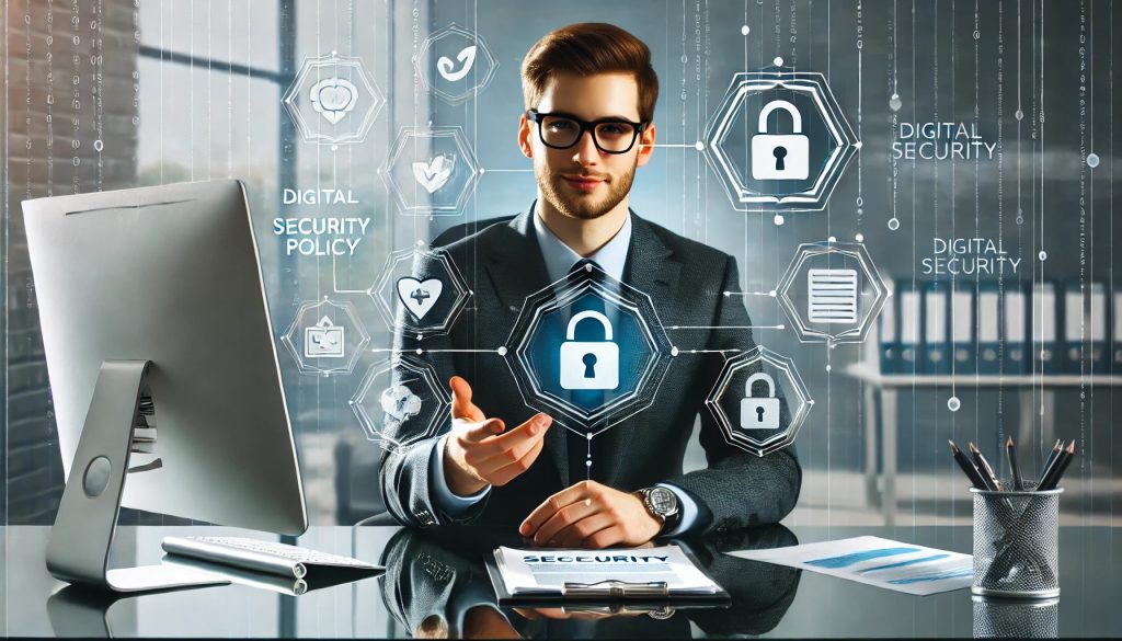 A professional-looking person in a business setting, sitting at a desk, guiding a team on implementing a cybersecurity policy. The desk has a computer displaying security software, documents, and a checklist. The background shows a modern office environment with digital security icons floating around.