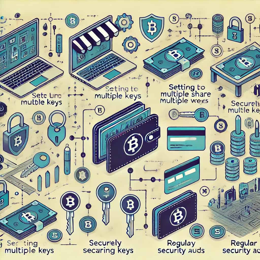 A visual guide to best practices for using multisig wallets, with illustrated steps including setting up multiple keys, secure key sharing, and regular security audits.