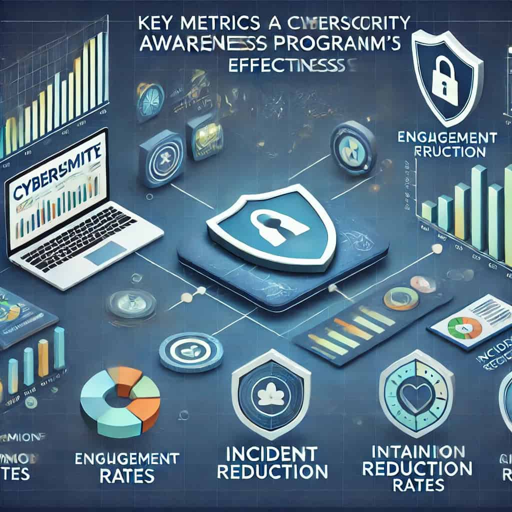 Graphical representation of key metrics to measure the effectiveness of your cybersecurity awareness program, with charts and graphs showing participation rates, incident reduction rates, and training completion rates.