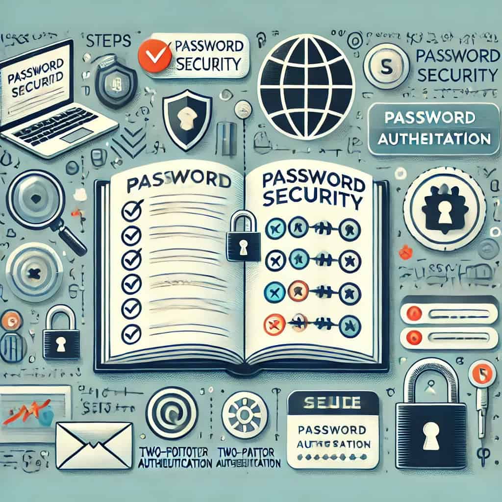 An infographic representing a comprehensive guide to password security with a detailed list of steps, icons for different security measures, and illustrations of guidebooks.