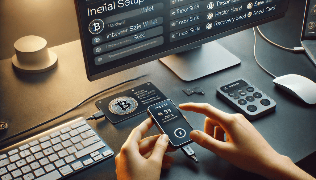 A person initializing the Trezor Safe 5 hardware wallet by following the setup instructions on the touchscreen, with the device connected to a computer via USB-C cable. Accessories like the recovery seed card and user manual are visible on the desk.