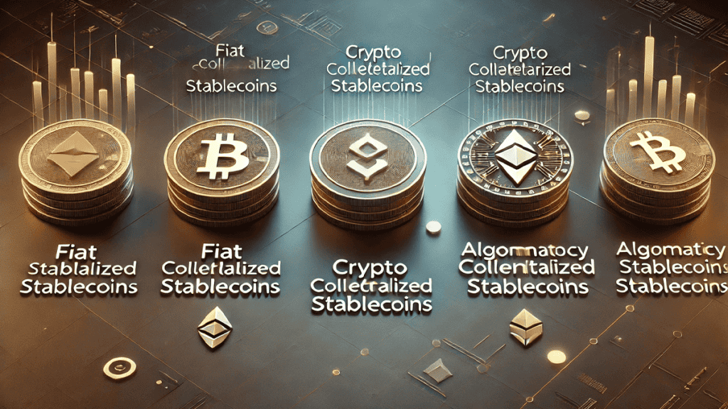 Illustration of different types of stablecoins including fiat-collateralized, crypto-collateralized, and algorithmic stablecoins, each represented by distinct coin icons on a digital background.