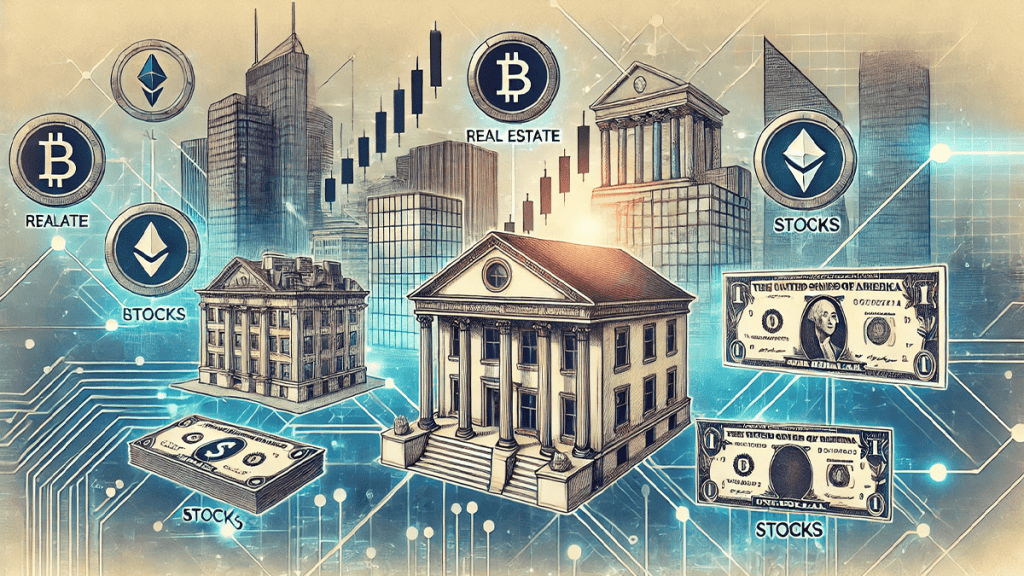 Images showing different security token assets such as real estate, stocks, bonds, and more.