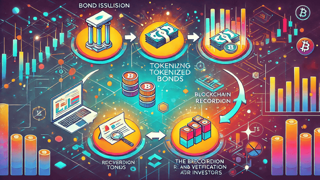 Graphic illustrating the process of issuing security token bonds on the blockchain.