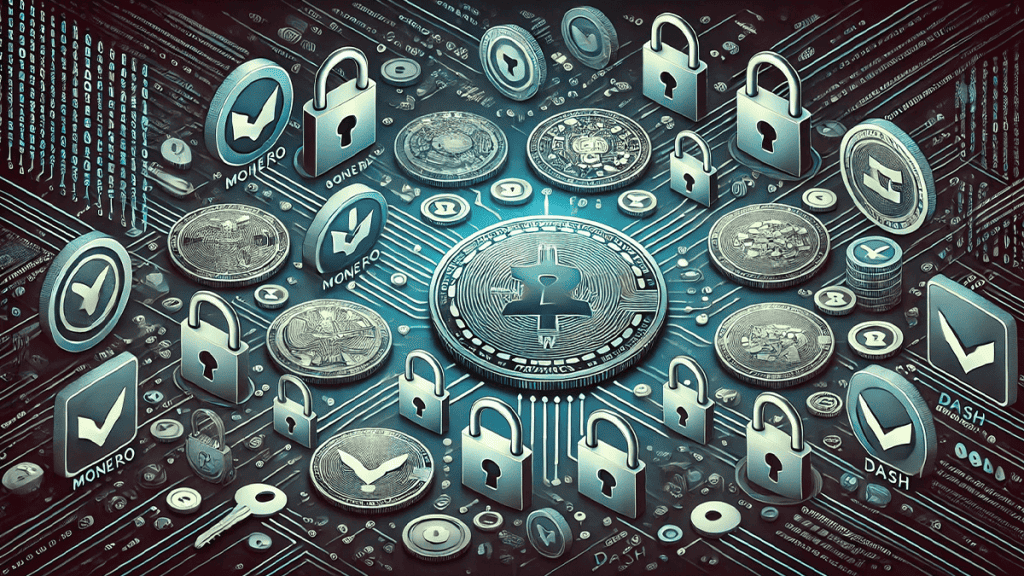 Visual representation of privacy coins with cryptographic symbols highlighting the concept of transaction confidentiality and user anonymity.
