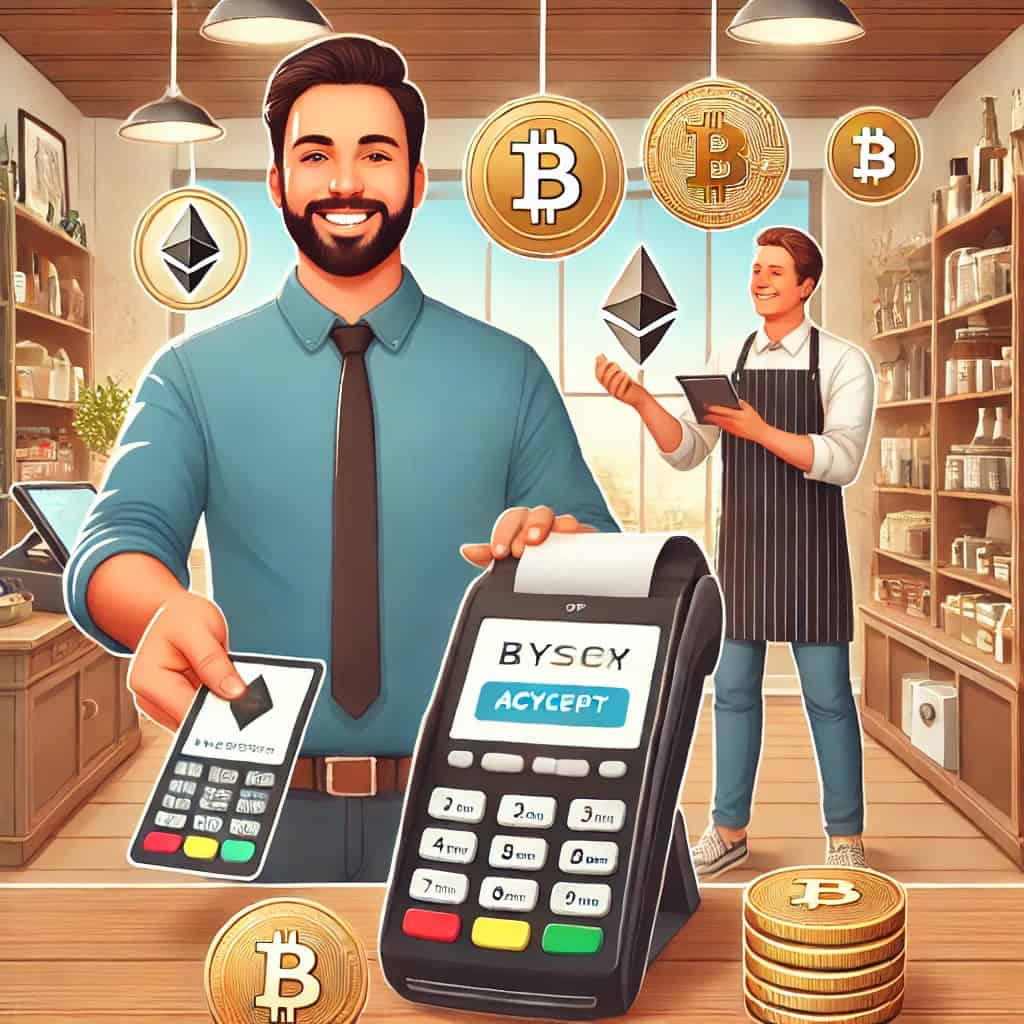 In the modern business environment, a store owner is willing to accept cryptocurrency payments from customers using smartphones. The merchant system displays cryptocurrency logos and creates a welcoming atmosphere with shelves and counter backdrops