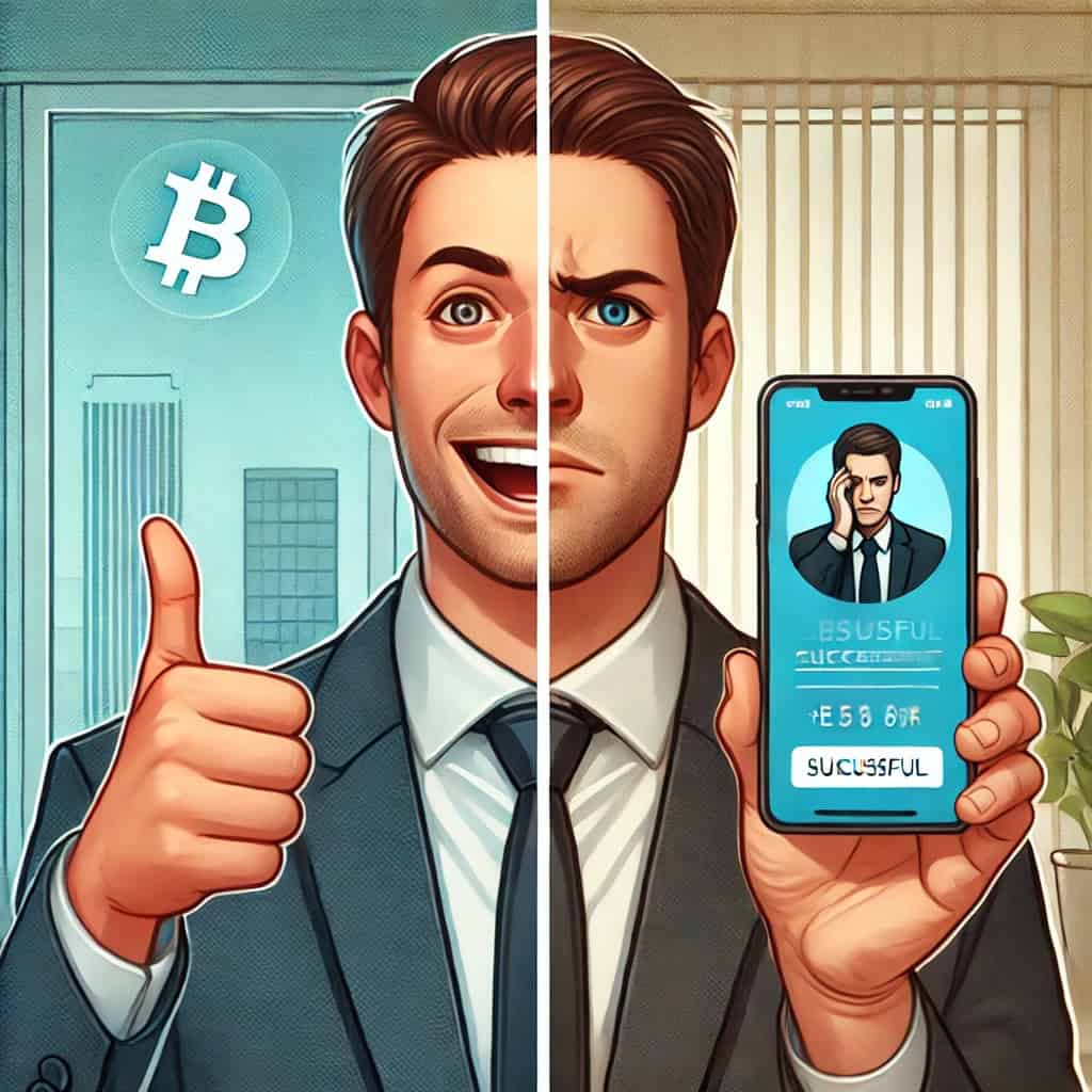 A split image showing two sides of a man's cryptocurrency payment experience. On the left, the man is happy, smiling, and giving a thumbs up, showing a successful smartphone payment. The same man on the right is frustrated, showing a failed transaction or error message on his smartphone in a business setting.