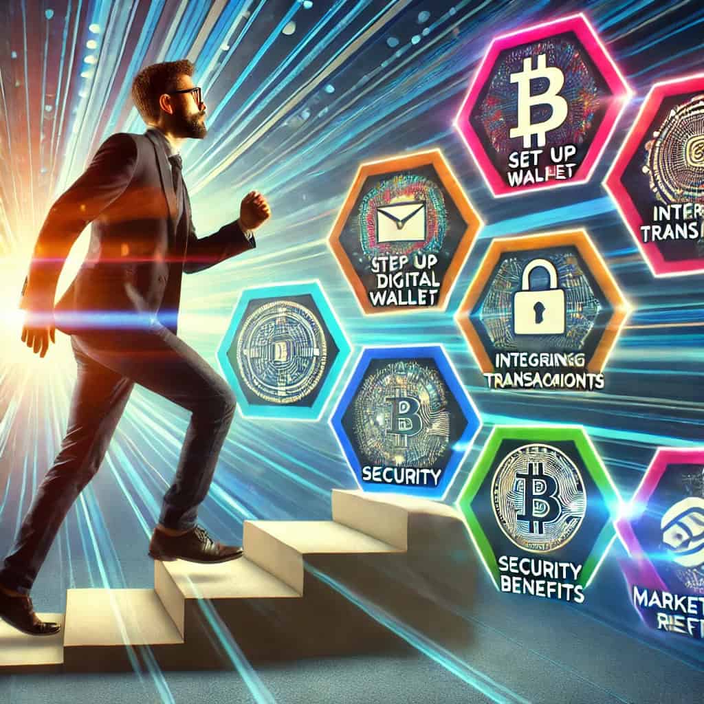 The image shows a man taking steps, each representing a different aspect of accepting cryptocurrency payments as a business. The steps include setting up a digital wallet, integrating payment systems, making transactions, experiencing security benefits, and dealing with market reach. The background is a professional business environment, depicted in a colorful and dynamic style.