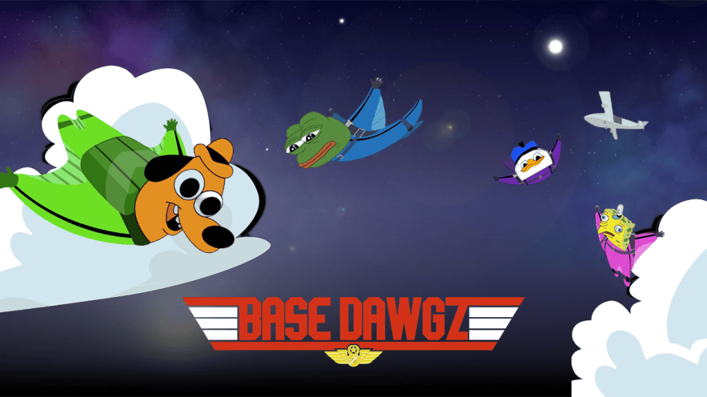 Base Dawgz cartoon characters including a dog and other animals skydiving