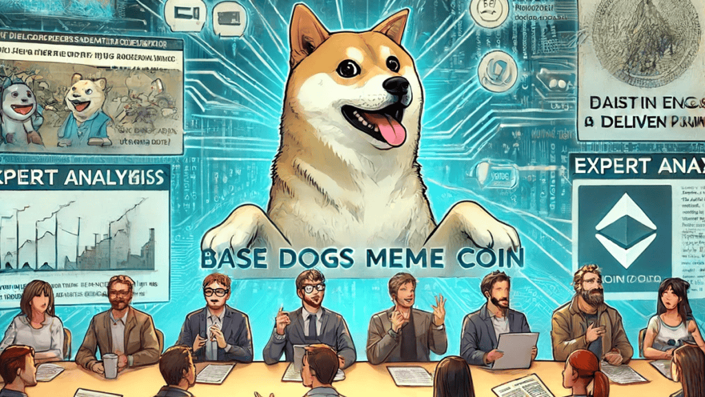 Illustration of a community discussing with a large central image of a Shiba Inu dog, surrounded by expert analysis and digital elements representing cryptocurrency.