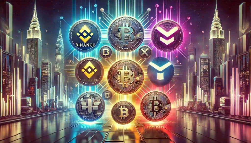 Visually appealing logos of top centralized cryptocurrency exchanges, including Binance, Coinbase, Kraken, Huobi, and Bitfinex.