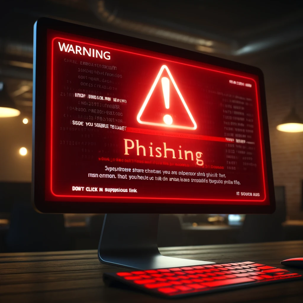 A computer screen showing a phishing email warning.