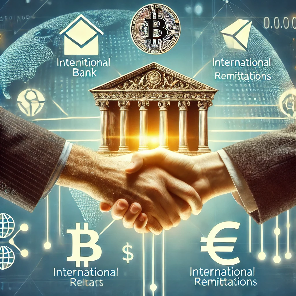 Traditional banks and crypto platforms have icons that symbolize international money transfers and cross-border transactions.